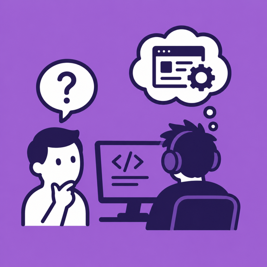 A confused user looks at a dev writing software