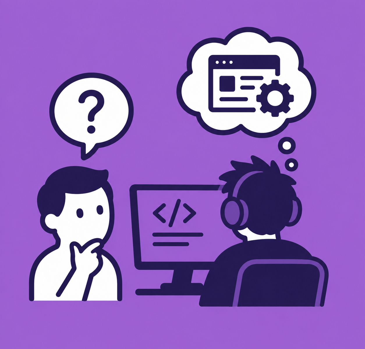 A confused user looks at a dev writing software